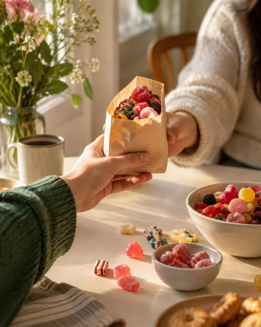 Hands passing a paper bag of candy across a sunlit table