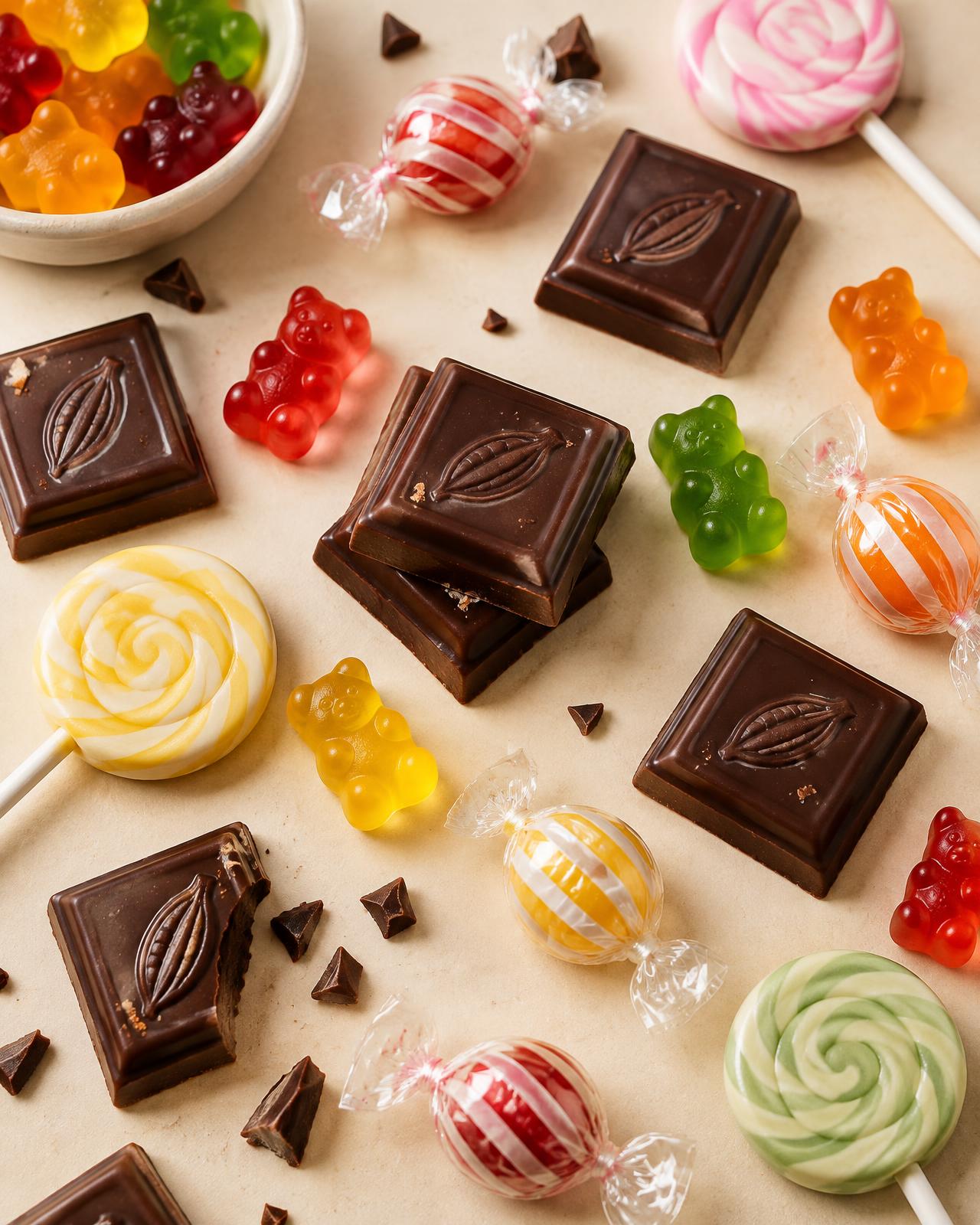 Chocolate, gummies, lollipops and wrapped candies on a cream surface