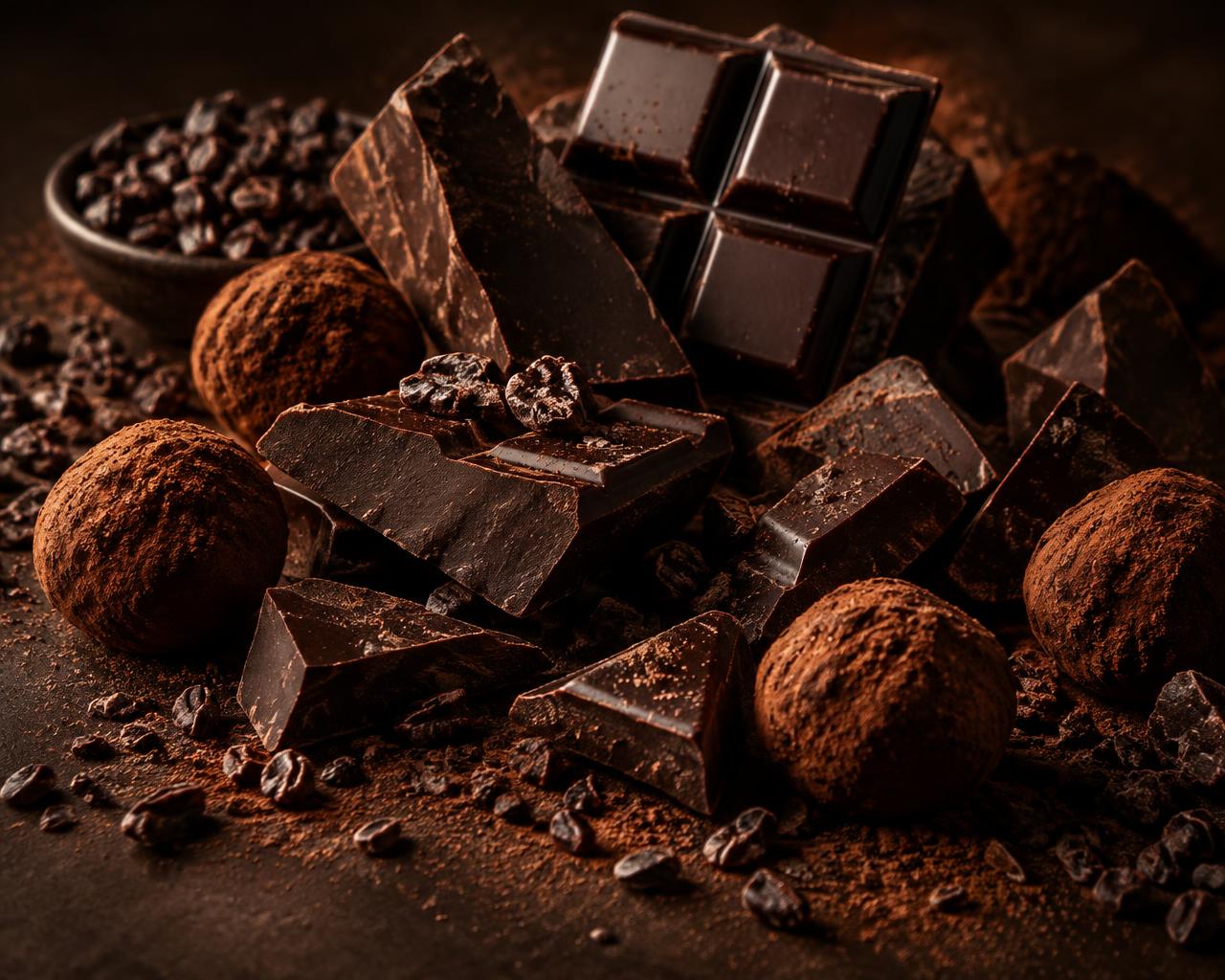 Broken dark chocolate, cocoa nibs and truffles