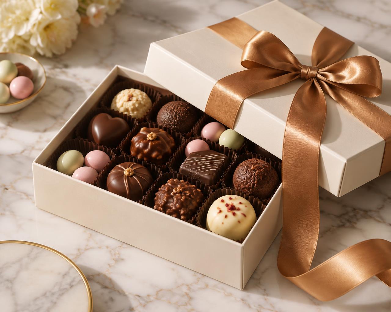 A ribboned cream gift box of assorted chocolates